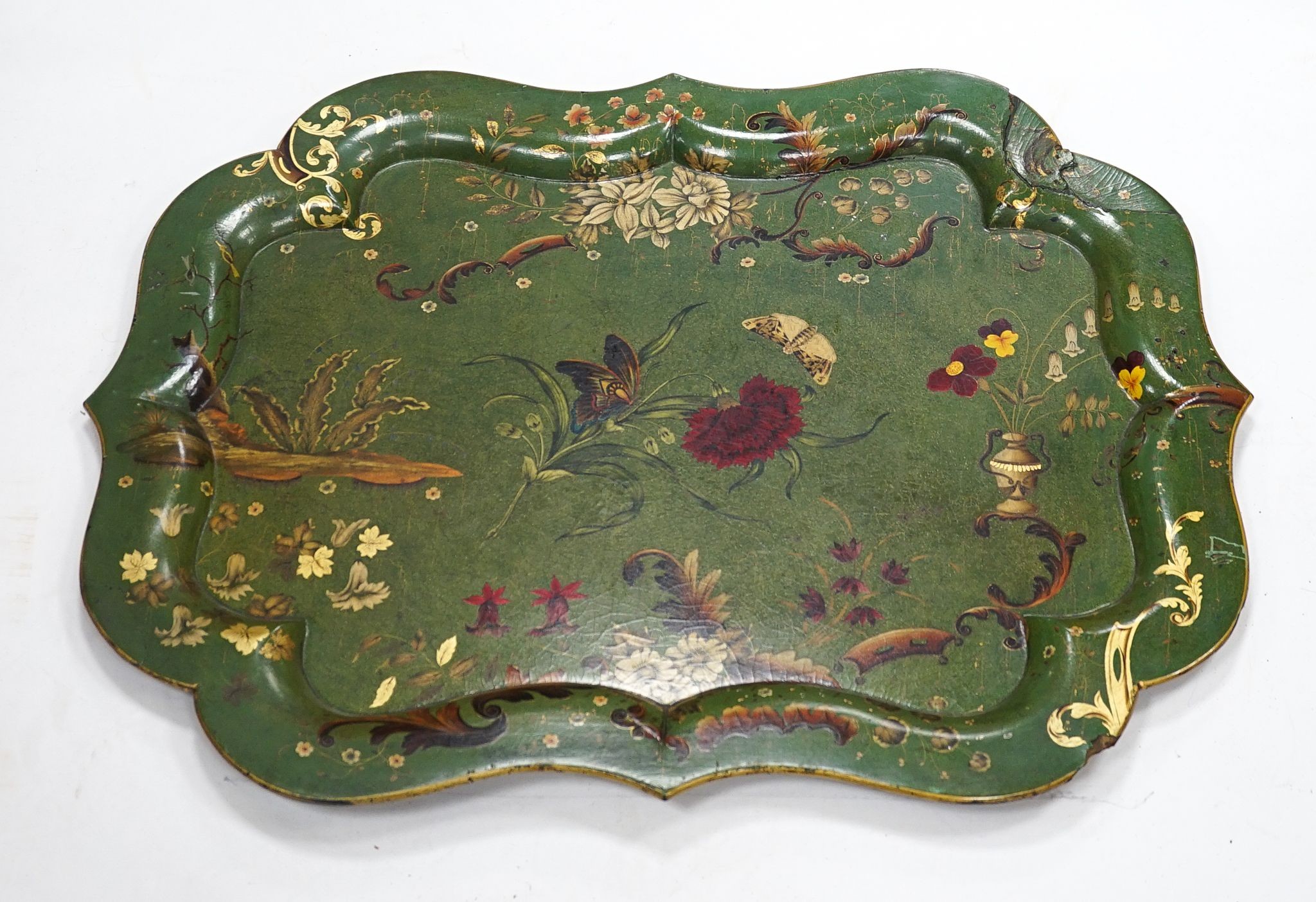 A large Victorian papier mache tray, decorated with butterflies and flowers, 62x82cm